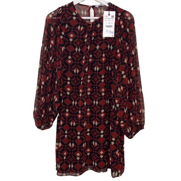 New Zara Geometry print Mini Chiffon Dress - Picture 7 of 13